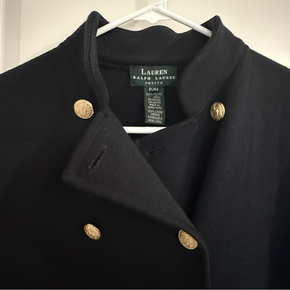 Ralph Lauren Merino Wool Navy Blue Gold Button Sweater Jacket- Petite Medium - Picture 2 of 10
